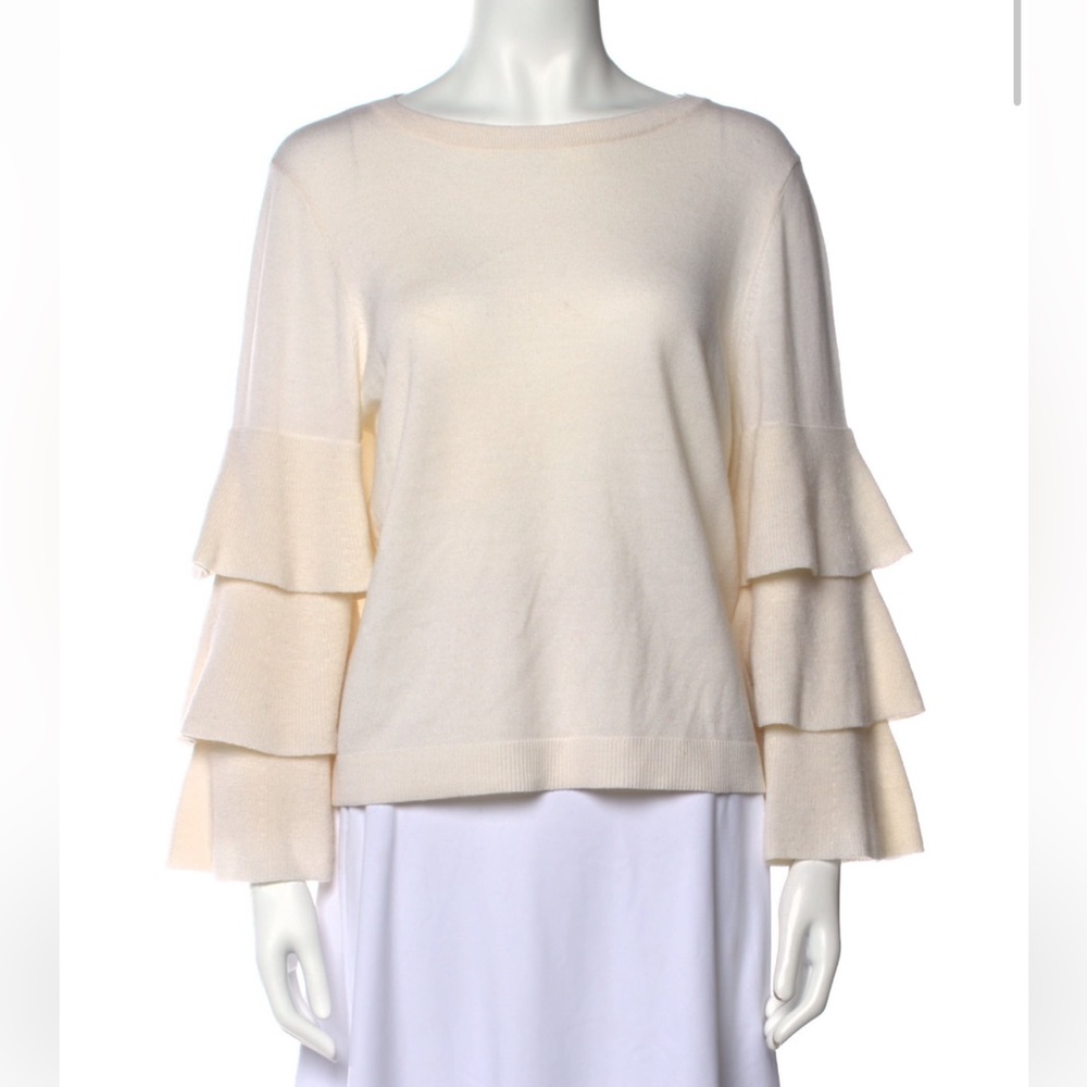 Alice + Olivia Cream Scoop Neck Sweater With Ruffled Sleeves Size Small